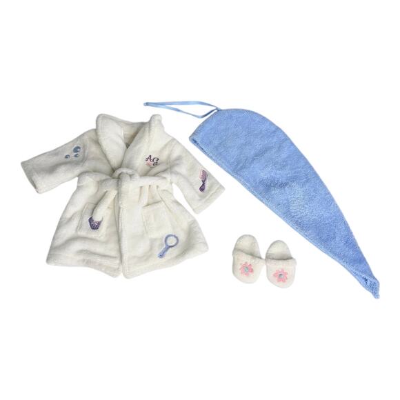 American Girl Doll Spa Robe Slippers Head Towel Set Terrycloth White Blue Pajama - Picture 2 of 9